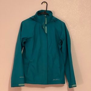 Teal Eddie Bauer rain jacket.